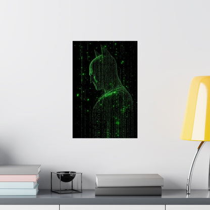 Neon Code Vigilante: 3D Glitch Batman Matrix Effect - Digital Illustration Matte Vertical Poster