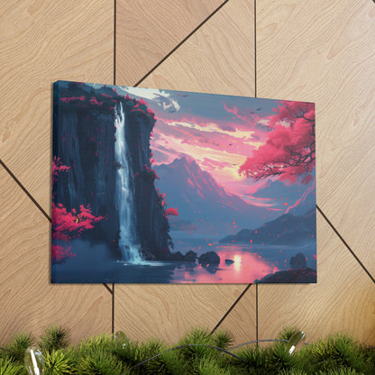 Dreamy Landscape with Waterfall and Mountains - Purple Evening Digital Illustration Canvas Gallery Wraps