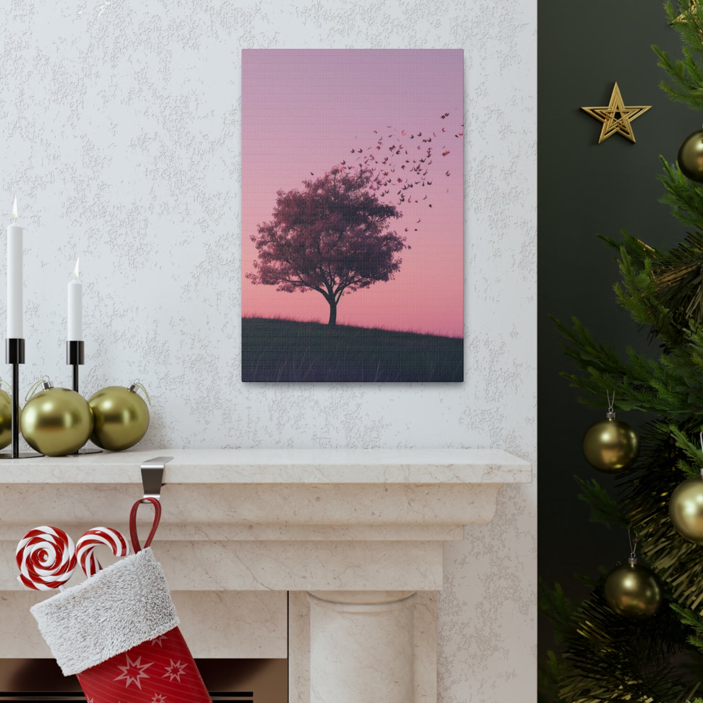 Tree in a Purple Sunset Digital Illustration Canvas Gallery Wraps