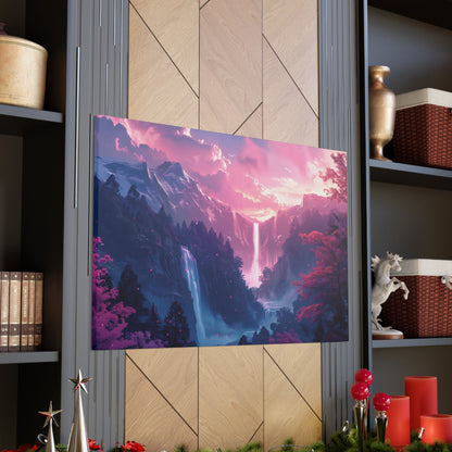 Dreamy Landscape with Waterfall and Mountains - Purple Evening Digital Illustration Canvas Gallery Wraps