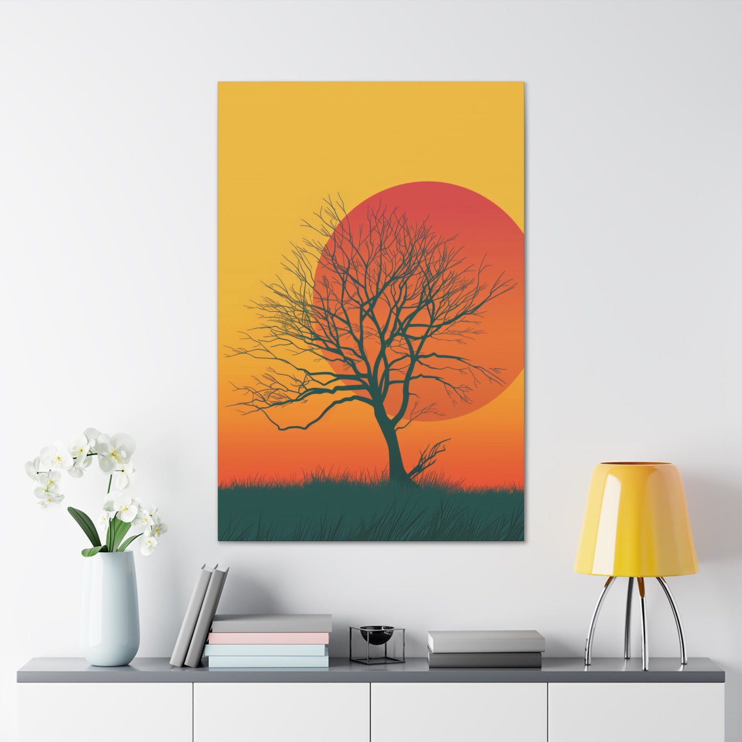 leafless tree in a Golden Sunset Digital Illustration Canvas Gallery Wraps