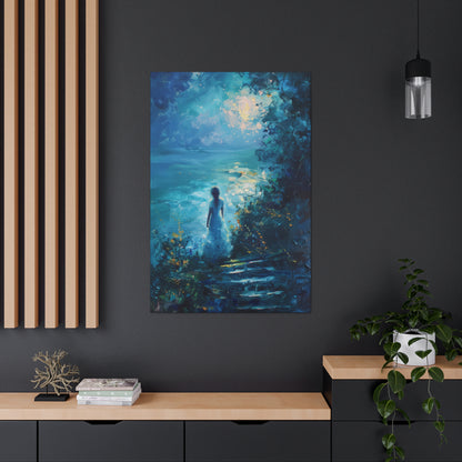 Woman looking at sea night time Digital Oil Painting Print Canvas Gallery Wraps