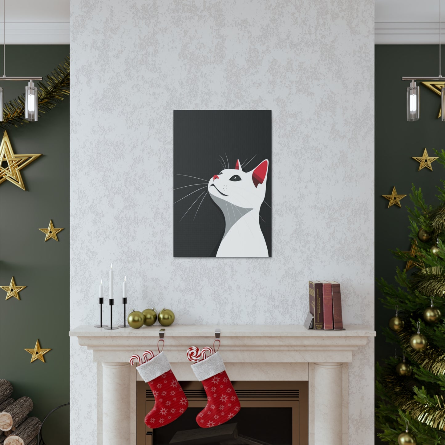 White Cat in Black Background Digital Illustration Canvas Gallery Wraps