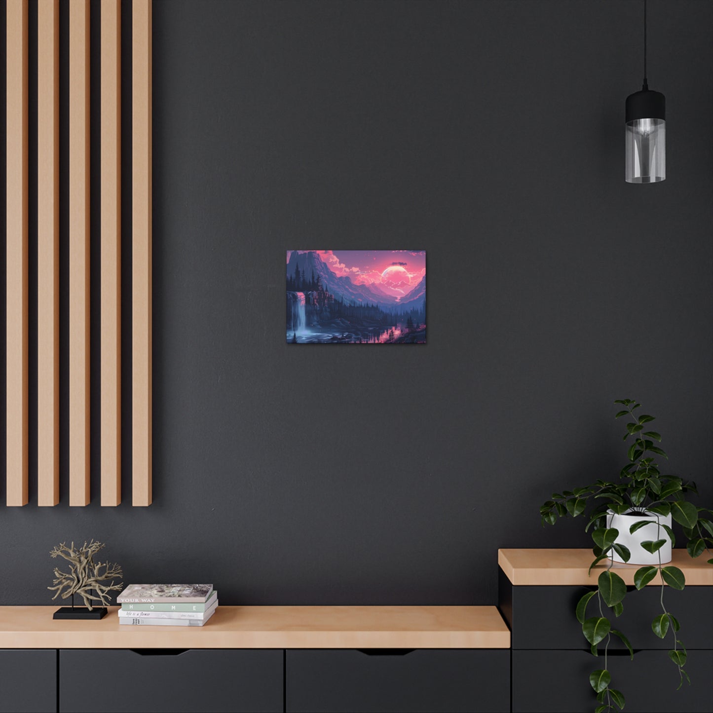 Dreamy Landscape Sunset with Waterfall and Mountains -  Digital Illustration Canvas Gallery Wraps