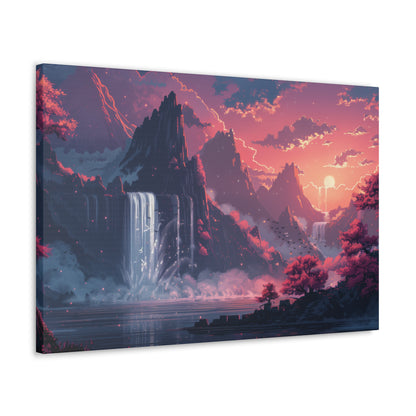 Dreamy Landscape Sunset with Waterfall and Mountains - Digital Illustration Canvas Gallery Wraps