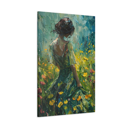 girl in a flower field wearing a green dress Digital Oil Painting Print Canvas Gallery Wraps