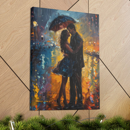 couple in the city streets in a rainy day with umbrella - Leonid Afremov Style Digital Print Canvas Gallery Wraps