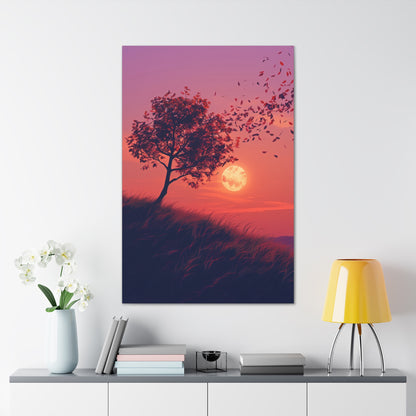 Tree in a Purple Sunset Digital Illustration Canvas Gallery Wraps