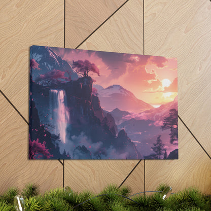 Dreamy Landscape with Waterfall and Mountains - Purple Evening Digital Illustration Canvas Gallery Wraps