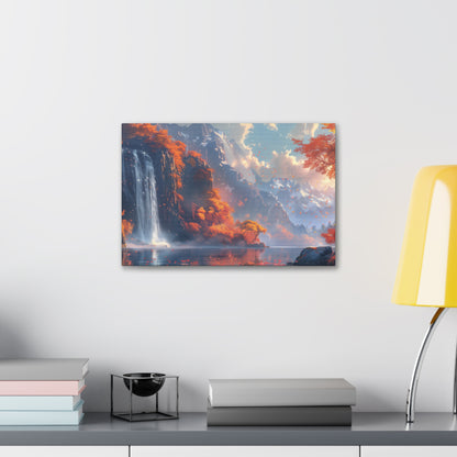 Dreamy Landscape Sunset with Waterfall and Mountains - Digital Illustration Canvas Gallery Wraps