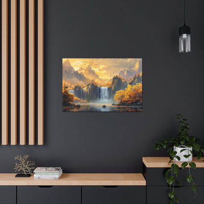 Dreamy Landscape Sunset with Waterfall and Mountains - Digital Illustration Canvas Gallery Wraps