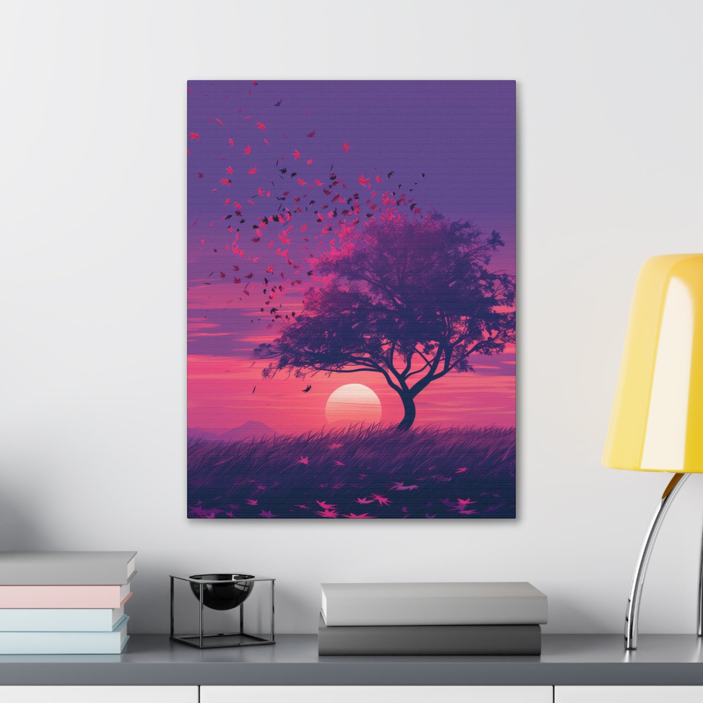 Tree in a Purple Sunset Digital Illustration Canvas Gallery Wraps