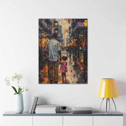 Father and Daughter Walking on the Street - Rembrandt Style Digital Oil Painting Canvas Gallery Wraps