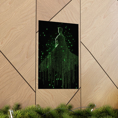 Neon Code Guardian: 3D Glitch Superman Matrix Effect - Digital Illustration Matte Vertical Poster