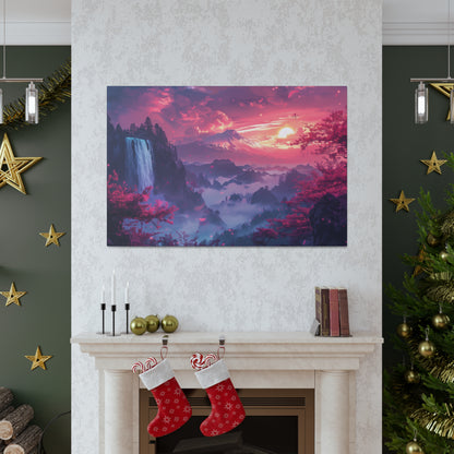 Dreamy Landscape Sunset with Waterfall and Mountains - Digital Illustration Canvas Gallery Wraps