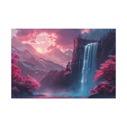 Dreamy Landscape Sunset with Waterfall and Mountains - Digital Illustration Canvas Gallery Wraps