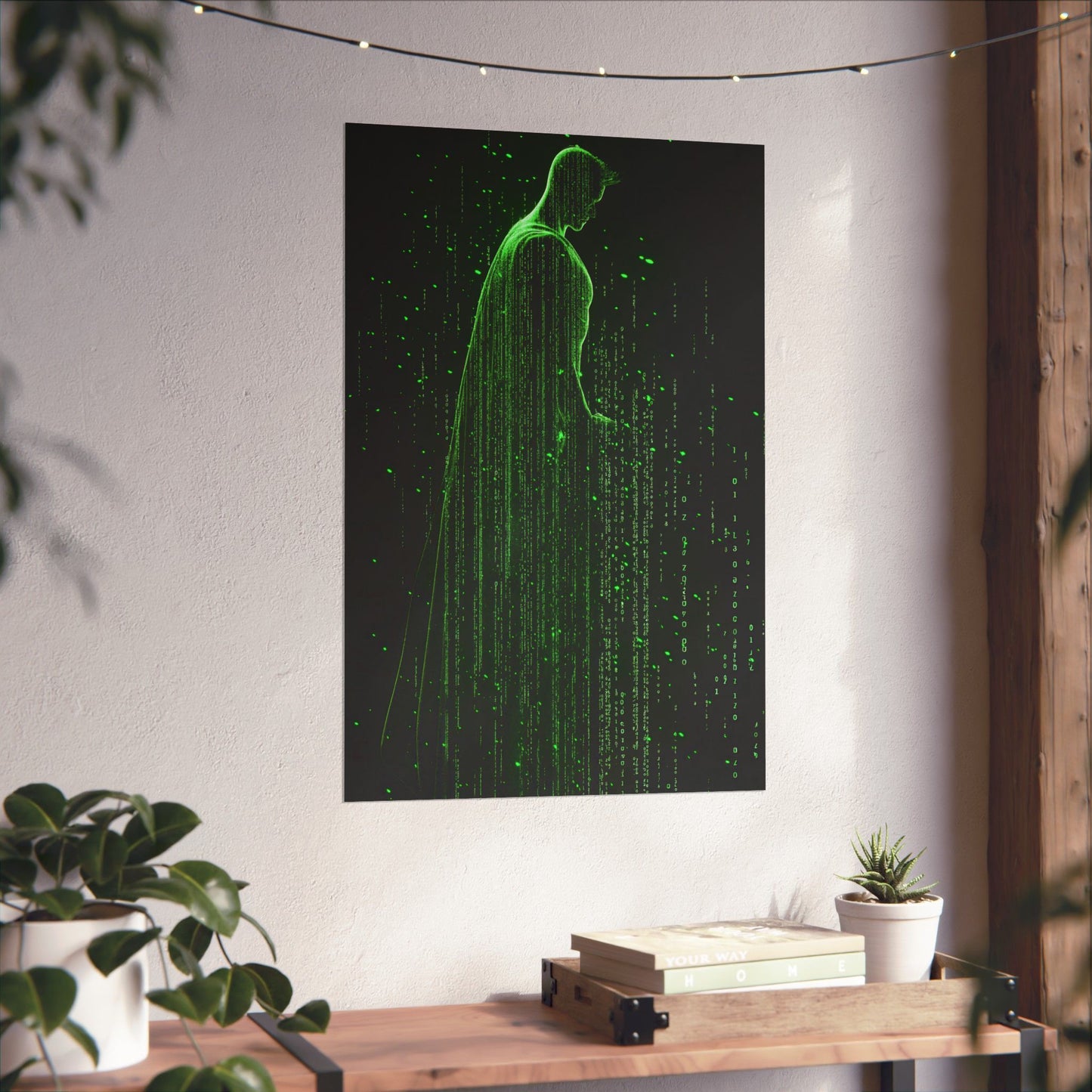 Neon Code Guardian: 3D Glitch Superman Matrix Effect - Digital Illustration Matte Vertical Poster