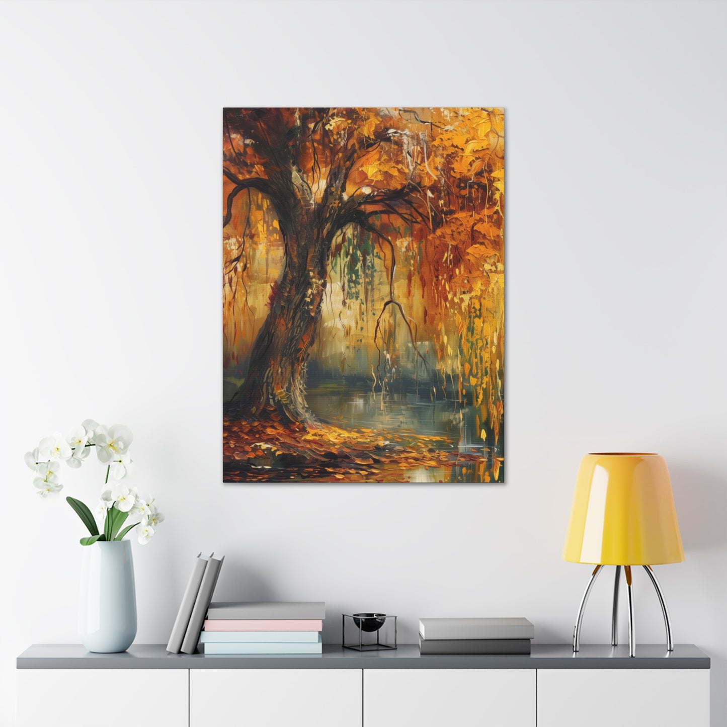 Golden Weeping Willow Tree - Oil Painting Inspired by Leonid Afremov Digital Canvas Gallery Wraps