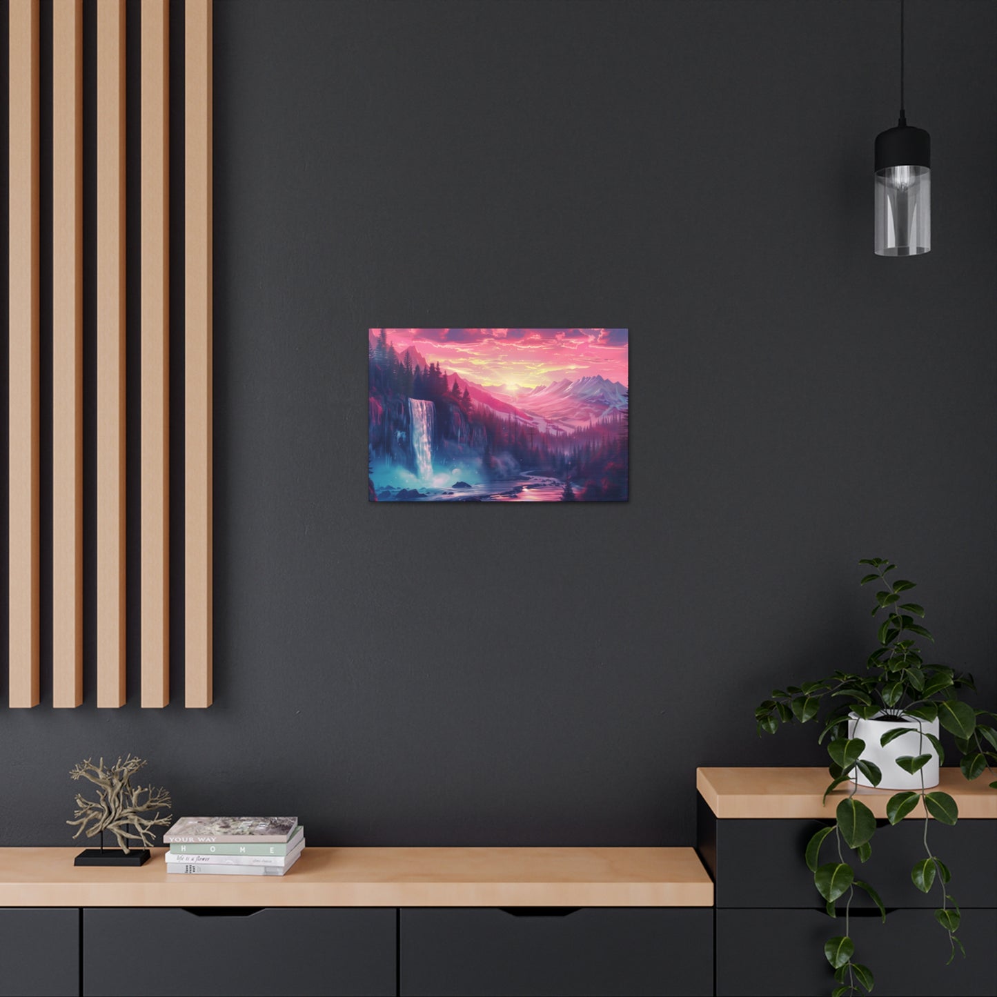 Dreamy Landscape with Waterfall and Mountains - Purple Evening Digital Illustration Canvas Gallery Wraps