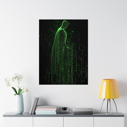 Neon Code Guardian: 3D Glitch Superman Matrix Effect - Digital Illustration Matte Vertical Poster