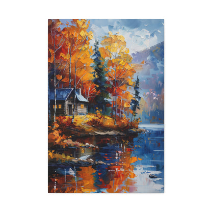 a house near the river which flows through autumn forest - Leonid Afremov Style Digital Print Canvas Gallery Wraps