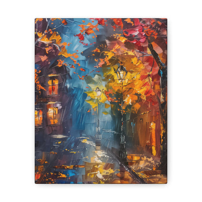 Nighttime Street in Autumn - Leonid Afremov Style Digital Oil Painting Canvas Gallery Wraps