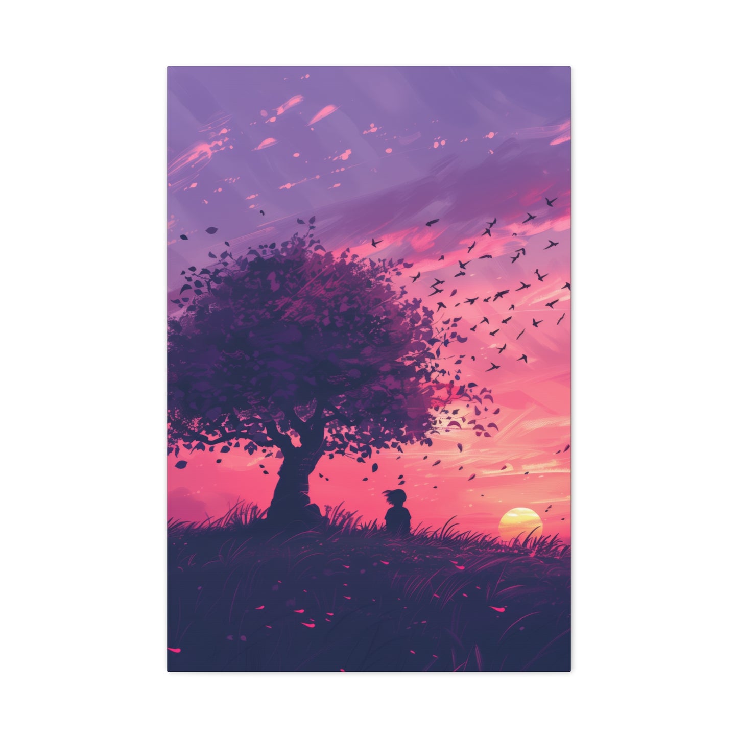 Tree in a Purple Sunset Digital Illustration Canvas Gallery Wraps