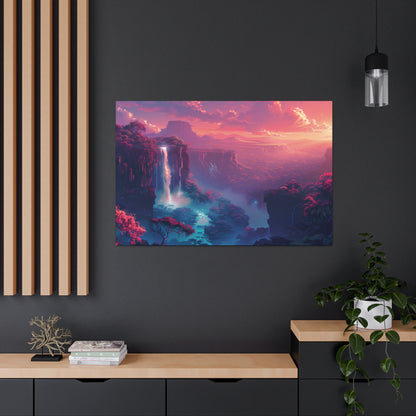 Dreamy Landscape with Waterfall and Mountains - Purple Evening Digital Illustration Canvas Gallery Wraps