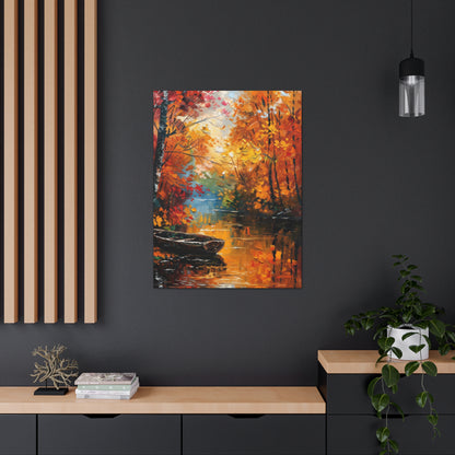 Boat in river side which flows through autumn forest - Leonid Afremov Style Digital Print Canvas Gallery Wraps