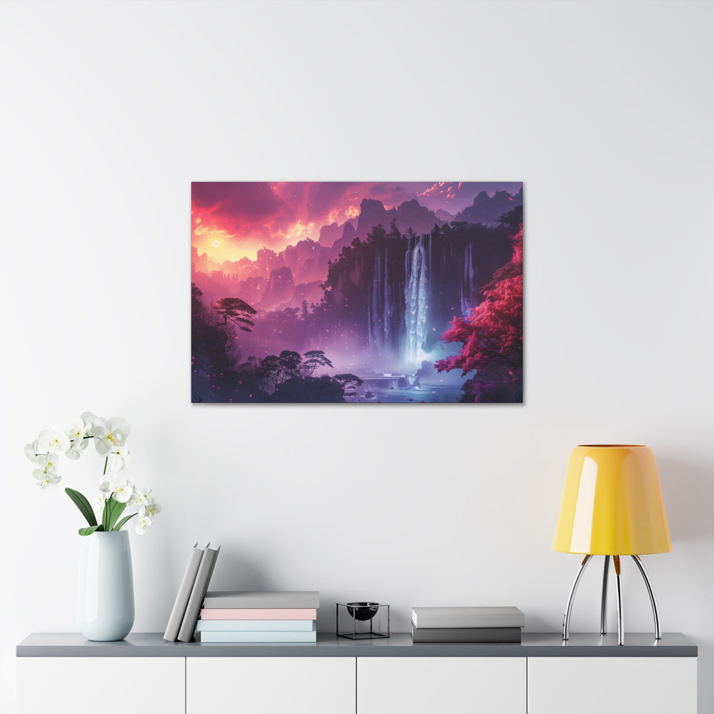 Dreamy Landscape Sunset with Waterfall and Mountains - Digital Illustration Canvas Gallery Wraps