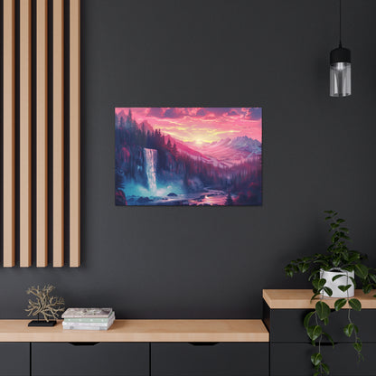 Dreamy Landscape with Waterfall and Mountains - Purple Evening Digital Illustration Canvas Gallery Wraps