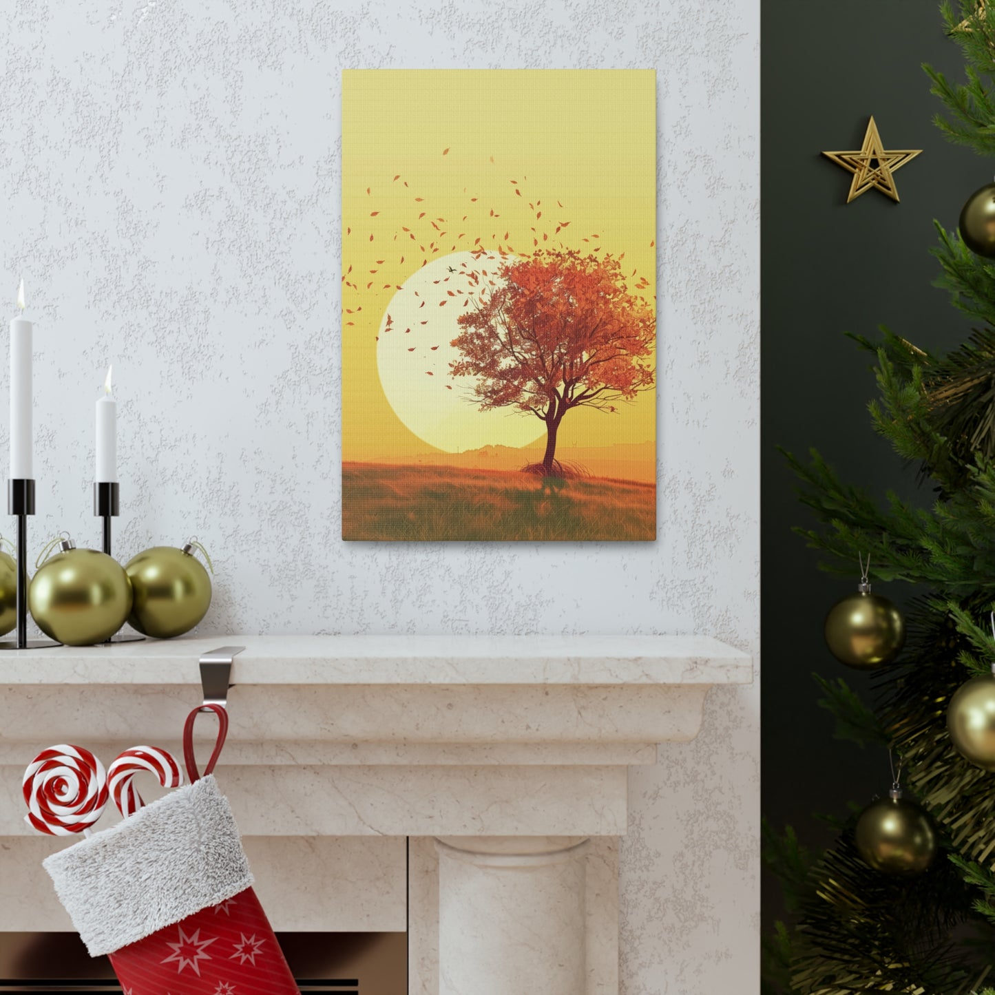 Red Tree in a Golden Sunset Digital Illustration Canvas Gallery Wraps