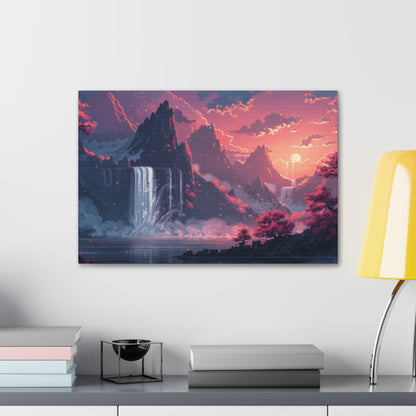 Dreamy Landscape Sunset with Waterfall and Mountains - Digital Illustration Canvas Gallery Wraps