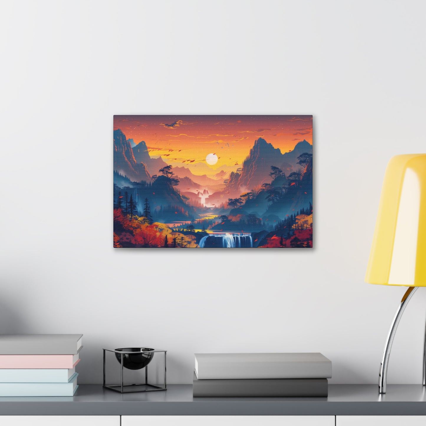 Dreamy Landscape Sunset with Waterfall and Mountains - Digital Illustration Canvas Gallery Wraps