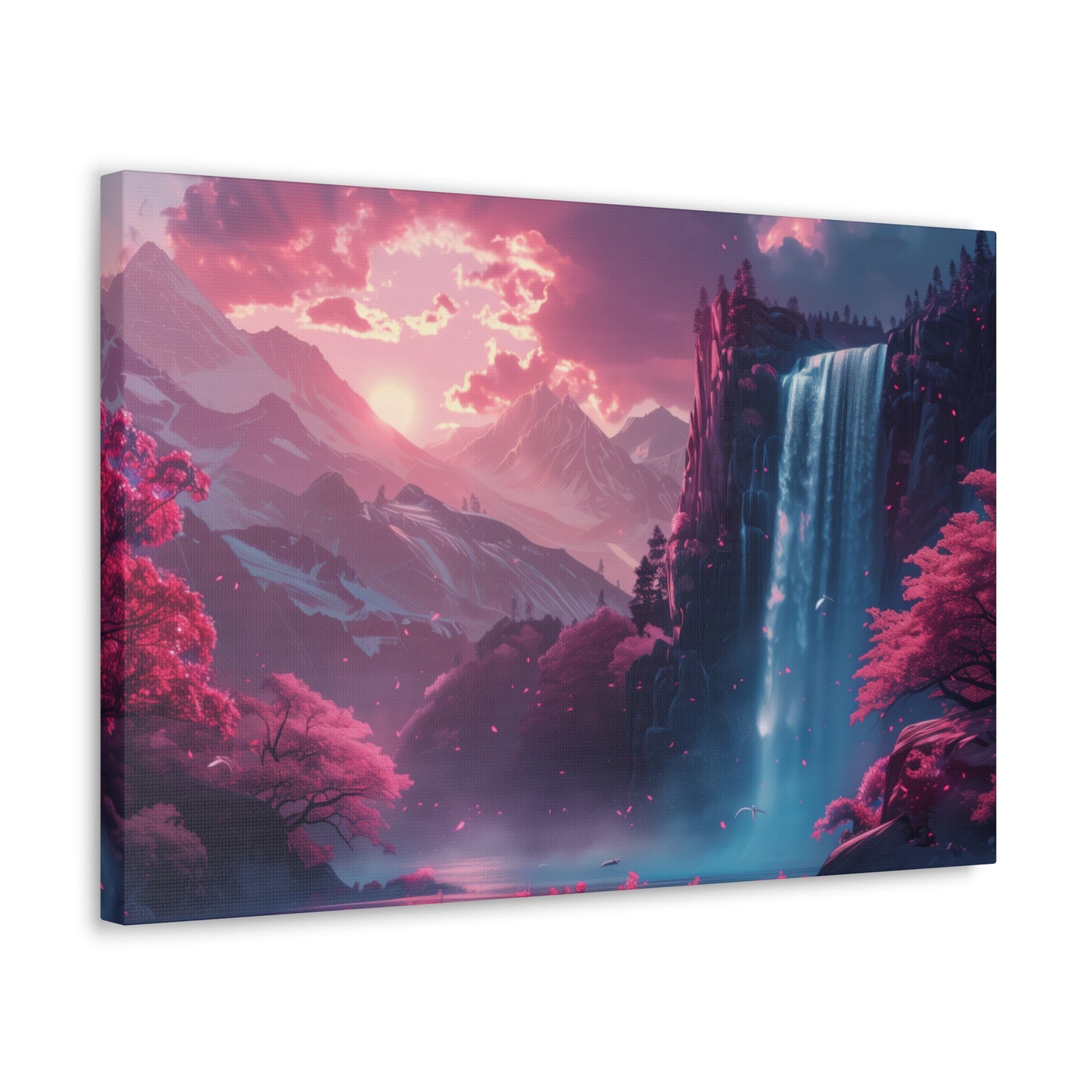 Dreamy Landscape Sunset with Waterfall and Mountains - Digital Illustration Canvas Gallery Wraps