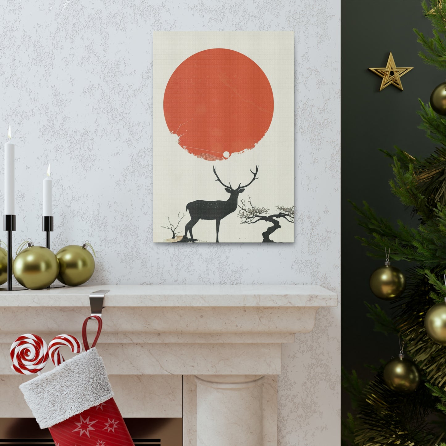 Deer and Sun - Takeshi Kitano Style Digital Illustration Canvas Gallery Wraps