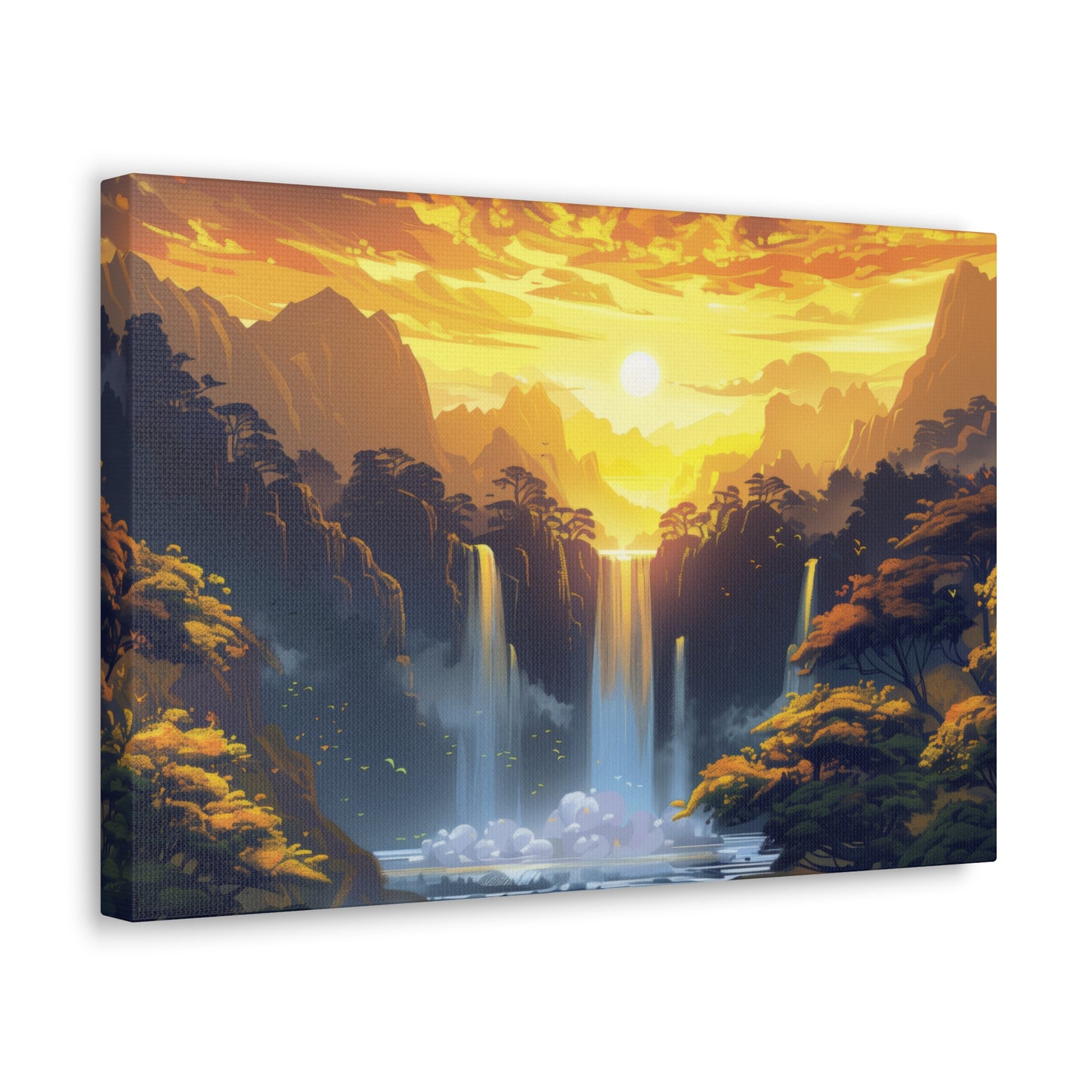 Dreamy Landscape - Waterfall and Mountains in Golden Morning Illustration Canvas Gallery Wraps