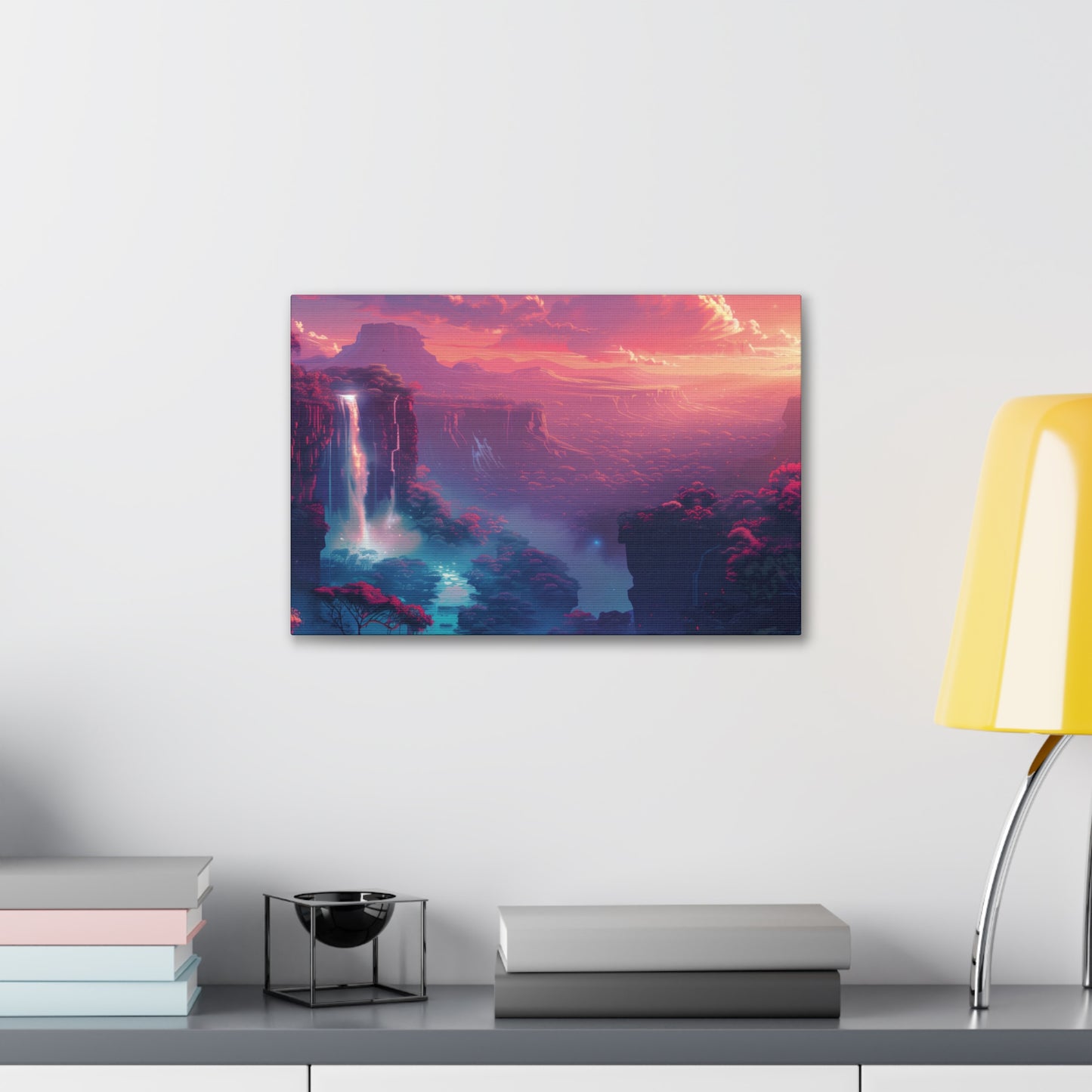 Dreamy Landscape with Waterfall and Mountains - Purple Evening Digital Illustration Canvas Gallery Wraps