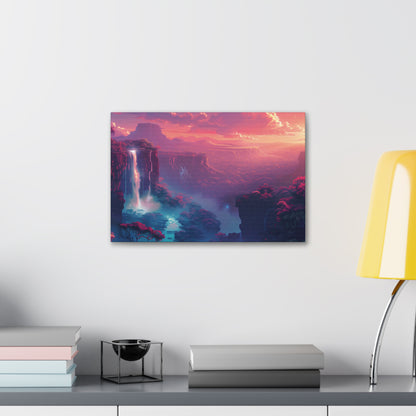 Dreamy Landscape with Waterfall and Mountains - Purple Evening Digital Illustration Canvas Gallery Wraps