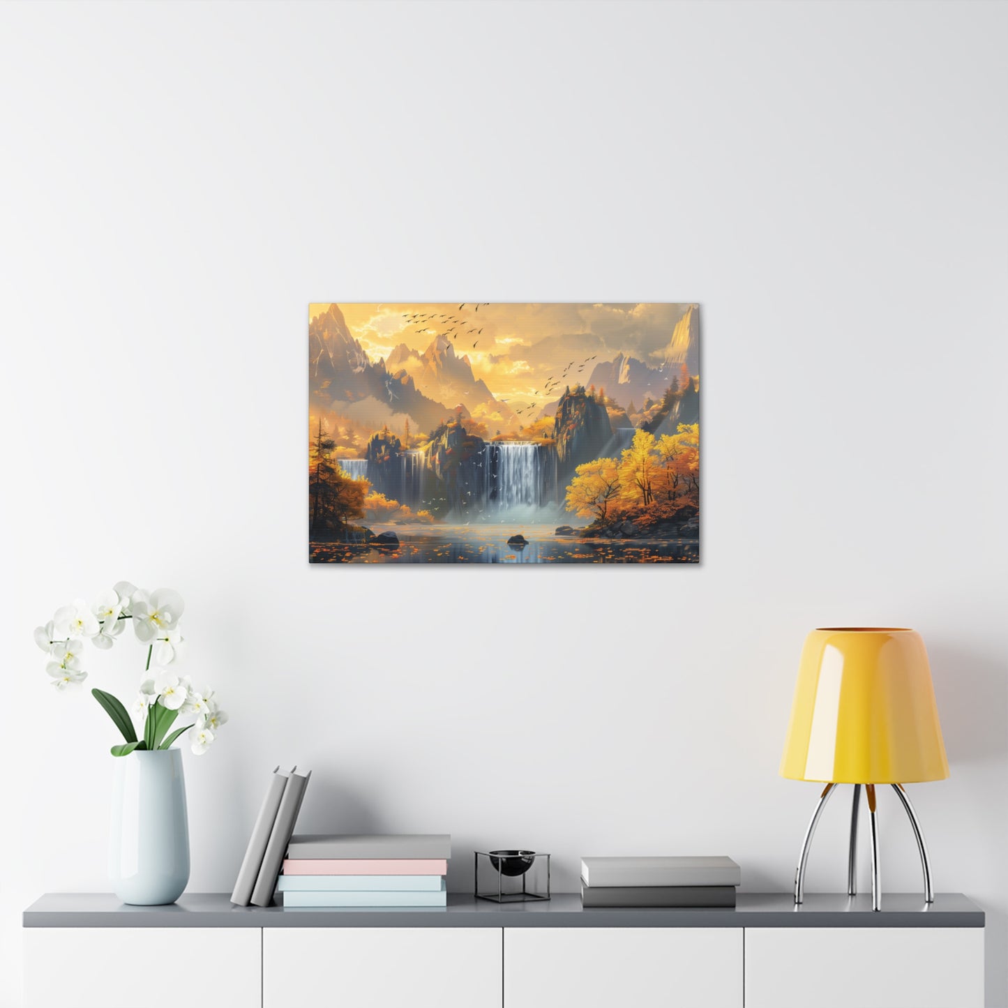 Dreamy Landscape Sunset with Waterfall and Mountains - Digital Illustration Canvas Gallery Wraps