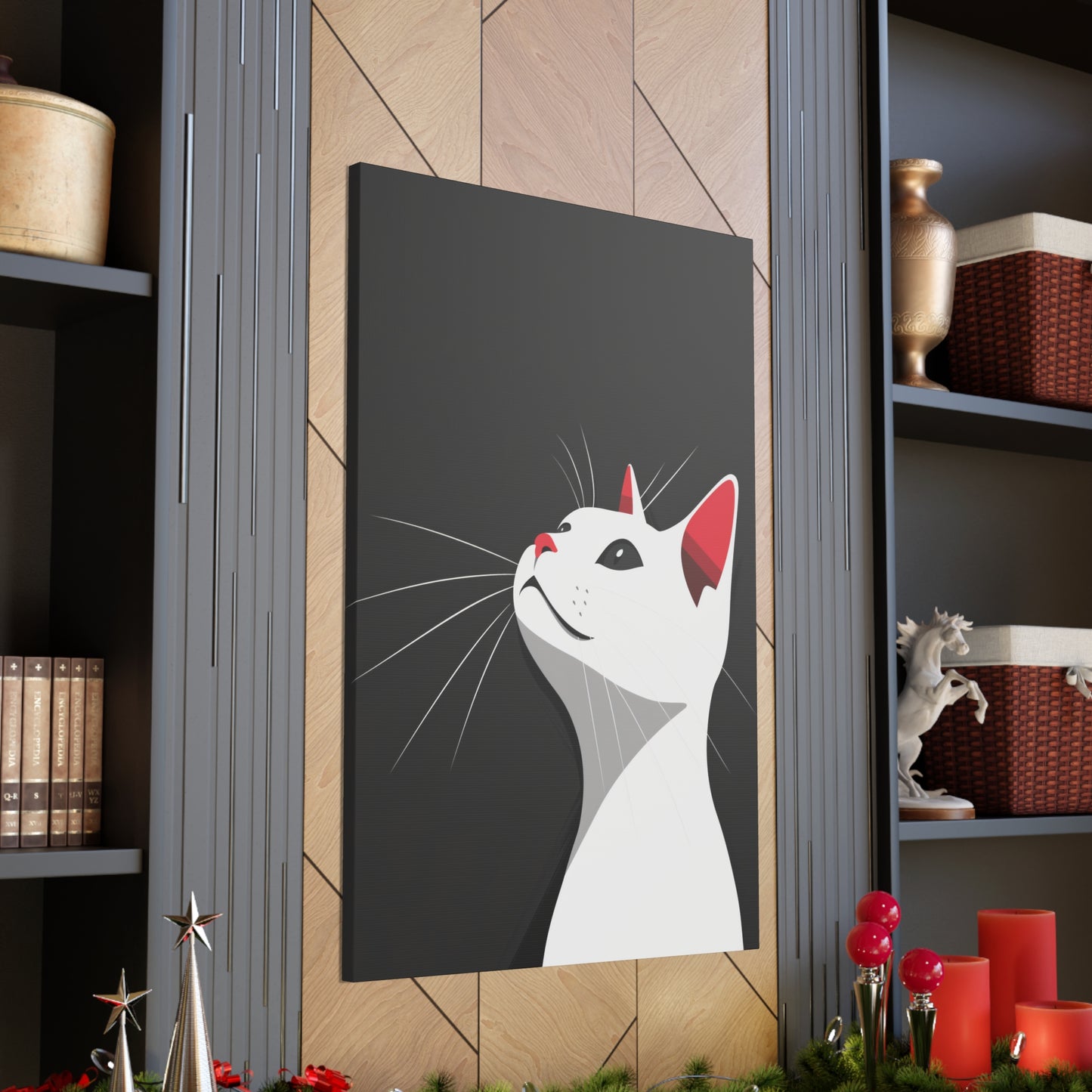 White Cat in Black Background Digital Illustration Canvas Gallery Wraps