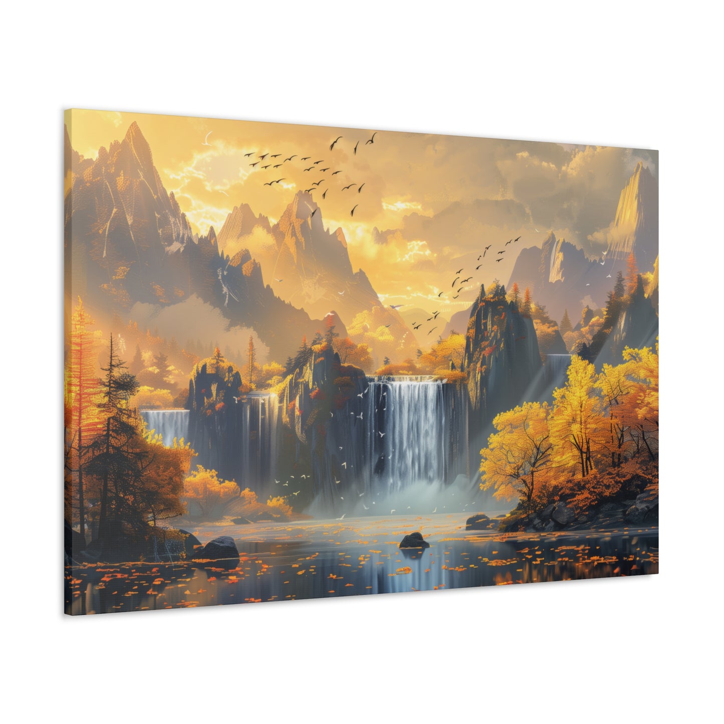 Dreamy Landscape Sunset with Waterfall and Mountains - Digital Illustration Canvas Gallery Wraps