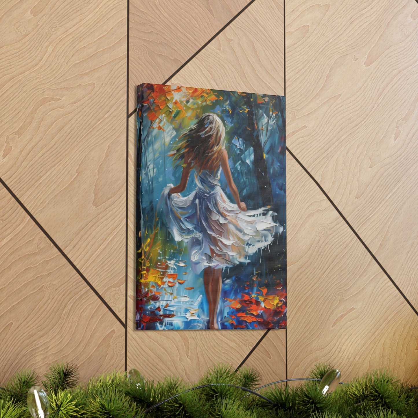 girl walking in the street wearing white dress - Leonid Afremov Style Digital Print Canvas Gallery Wraps