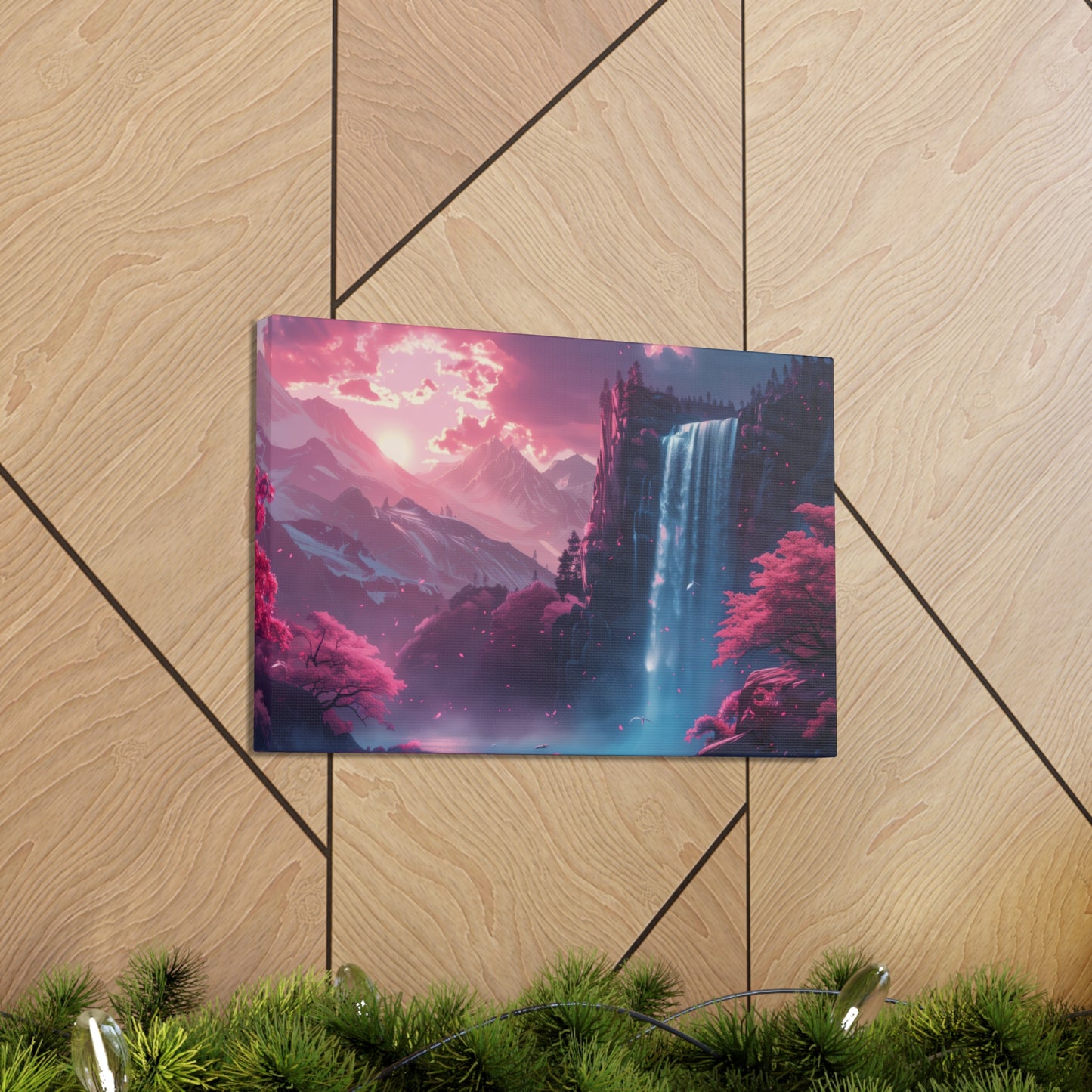 Dreamy Landscape Sunset with Waterfall and Mountains - Digital Illustration Canvas Gallery Wraps