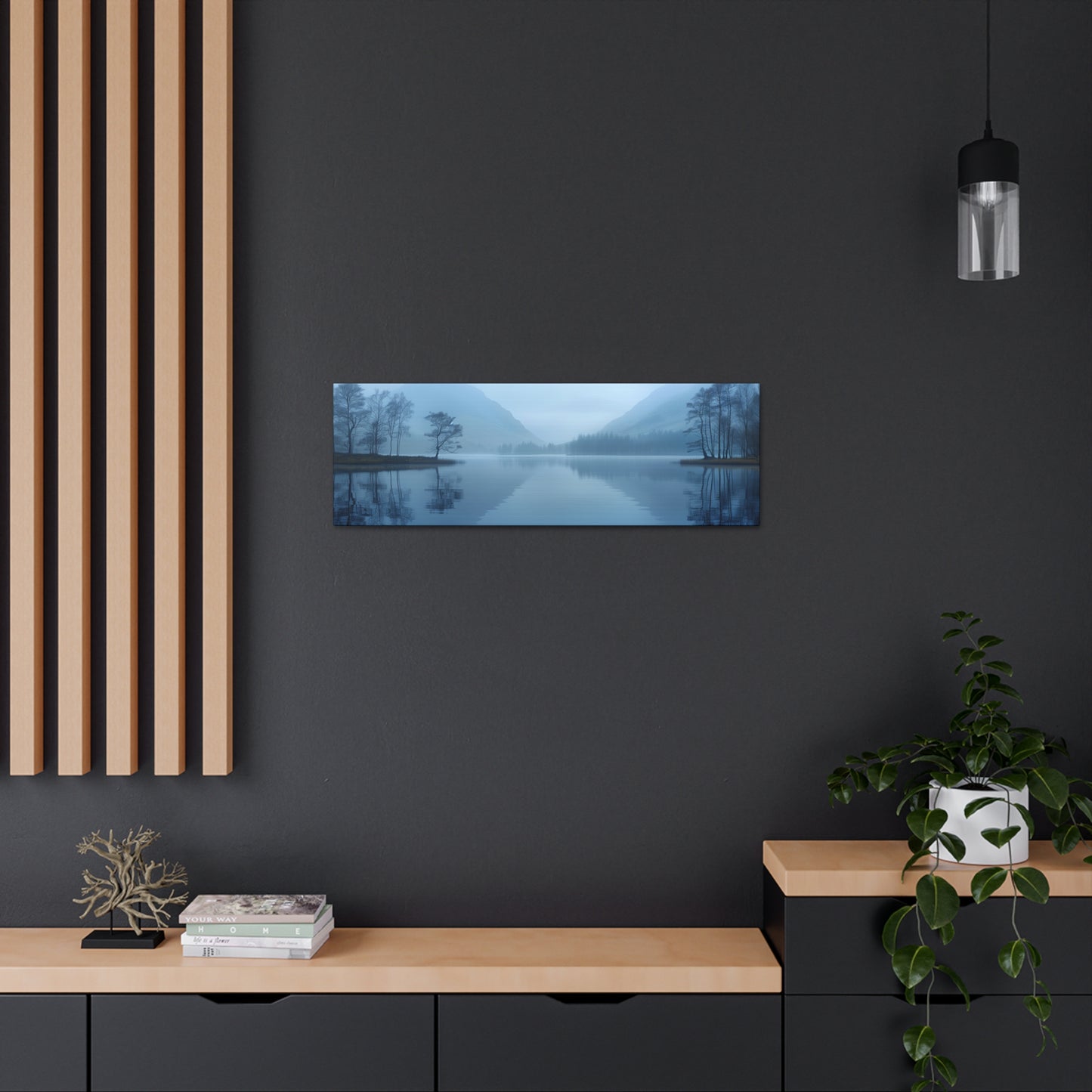 Lake Landscape with Mountains - Morning Mist Panorama Canvas Gallery Wraps