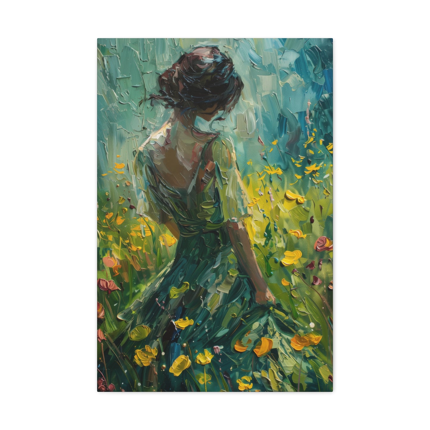 girl in a flower field wearing a green dress Digital Oil Painting Print Canvas Gallery Wraps