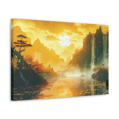 Dreamy Landscape Sunset with Waterfall and Mountains - Digital Illustration Canvas Gallery Wraps