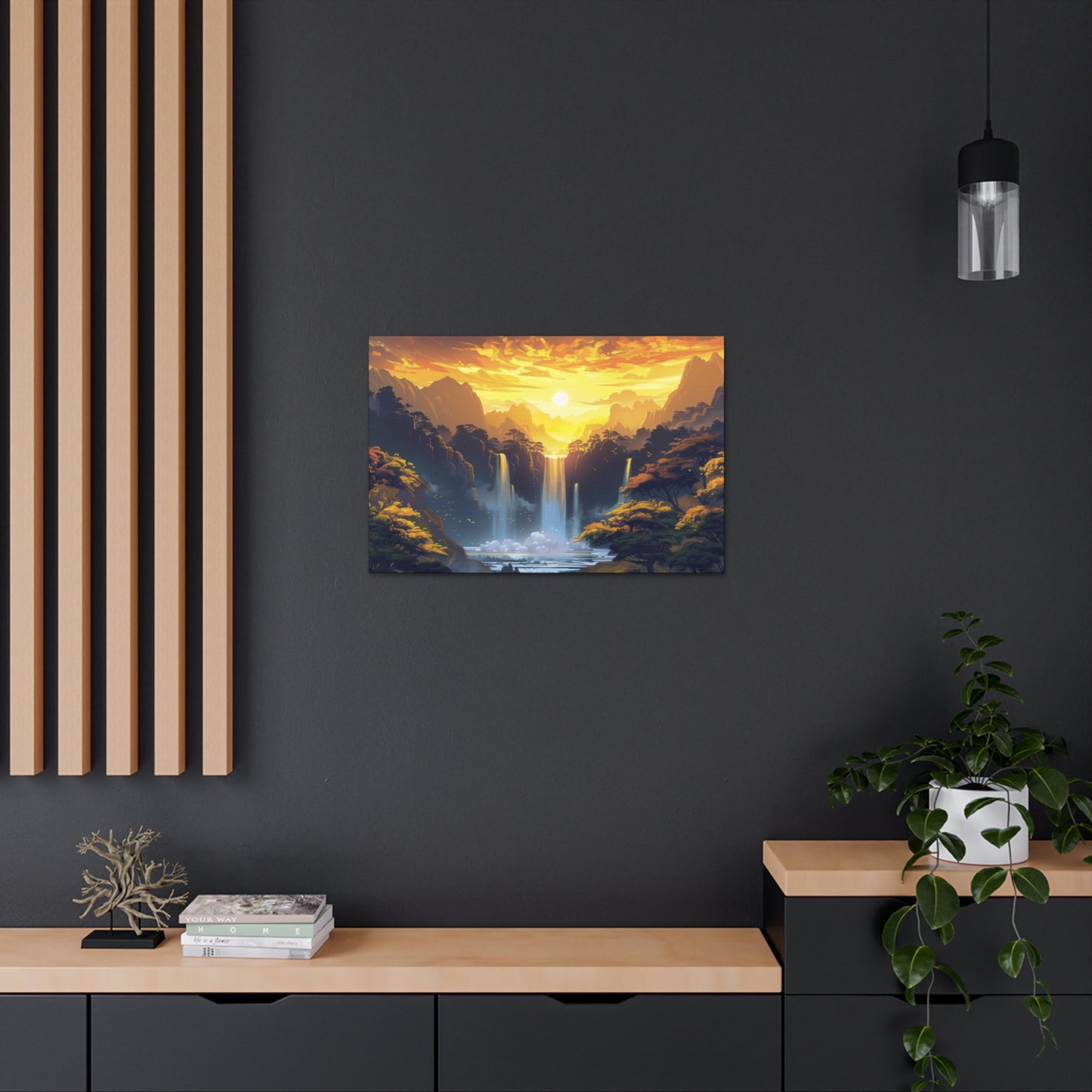 Dreamy Landscape - Waterfall and Mountains in Golden Morning Illustration Canvas Gallery Wraps