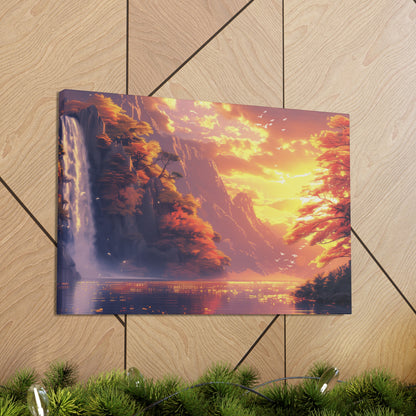 Dreamy Landscape - Waterfall and Mountains in Golden Morning Illustration Canvas Gallery Wraps