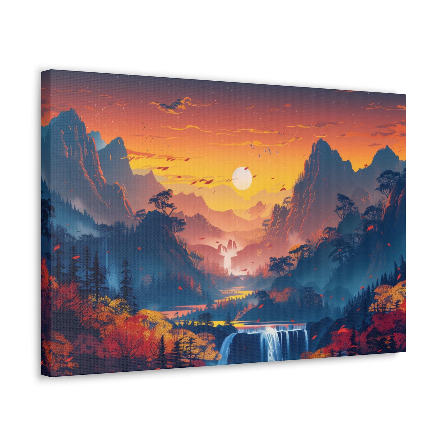 Dreamy Landscape Sunset with Waterfall and Mountains - Digital Illustration Canvas Gallery Wraps